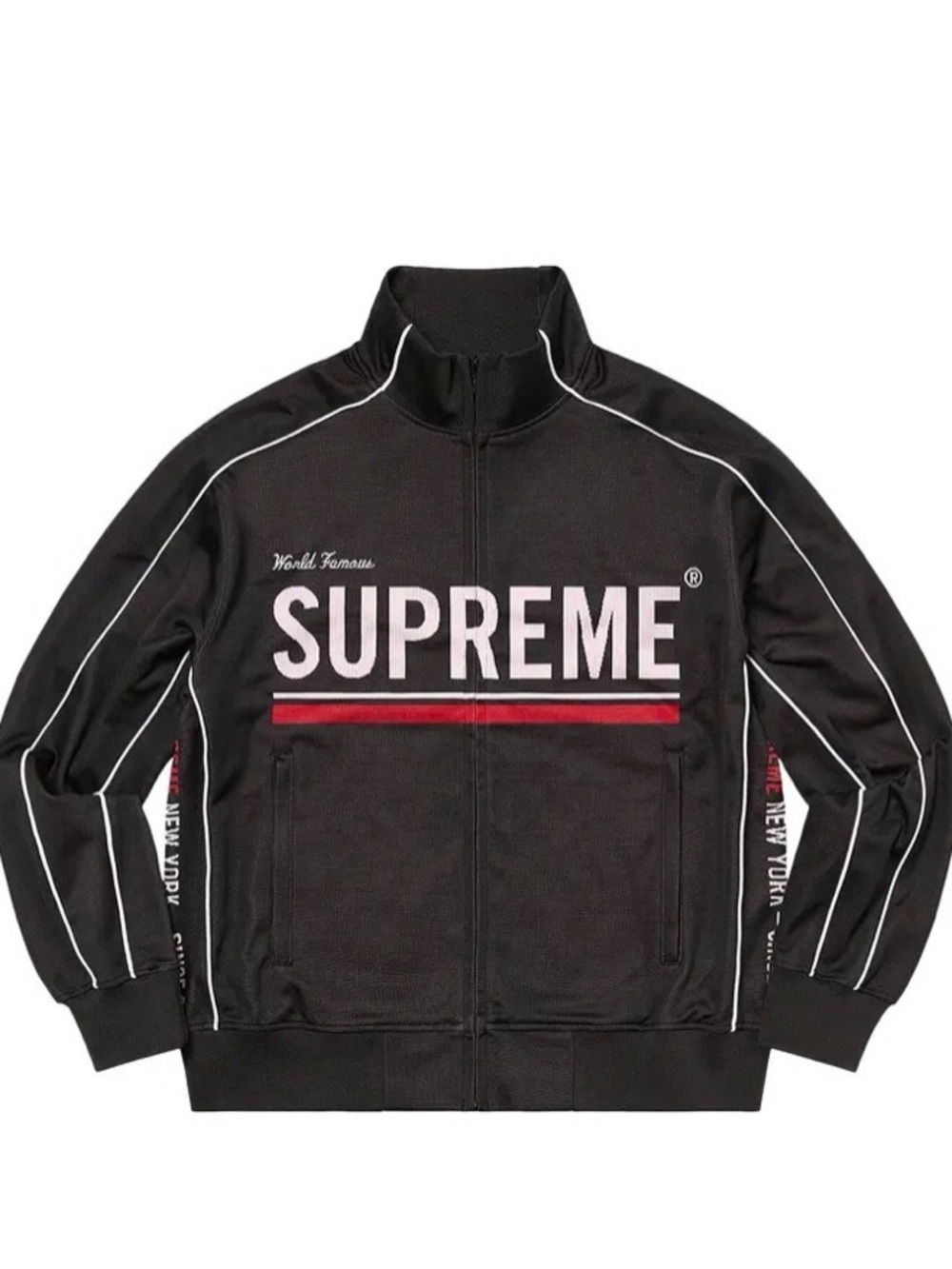 Supreme Black Track Jacket with White Piping and Red Stripe